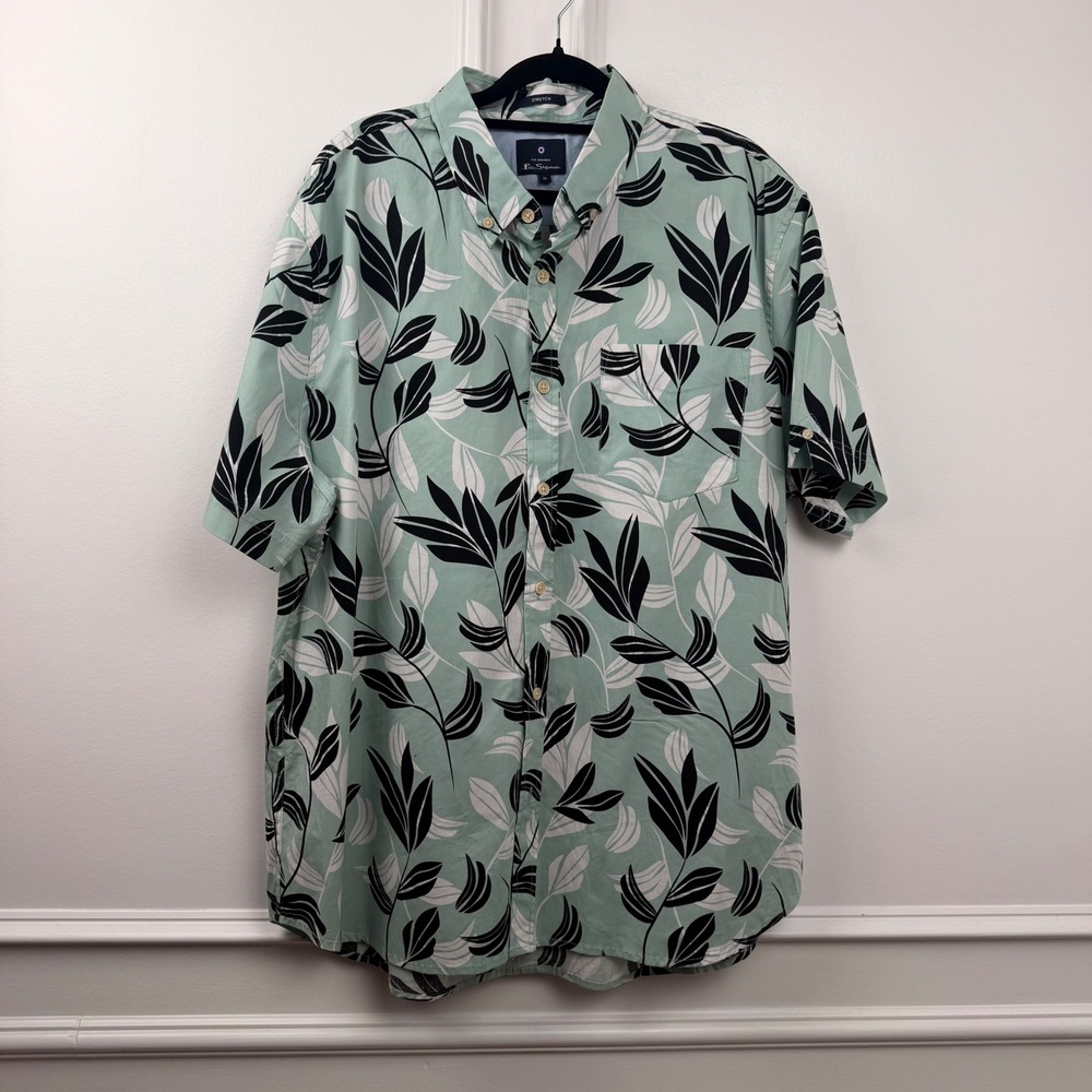 Ben Sherman Mens XL Mint Green Tropical Leaf Print Stretch Button Down Shirt